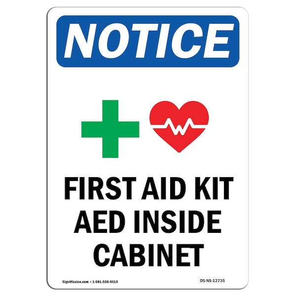 Safety Sign, OSHA Notice, 5" Height, First Aid Kit AED Sign With Symbol, Portrait, 10PK